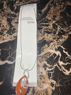 Sandol Orange Enamel Teardrop Necklace with Crystal Accents